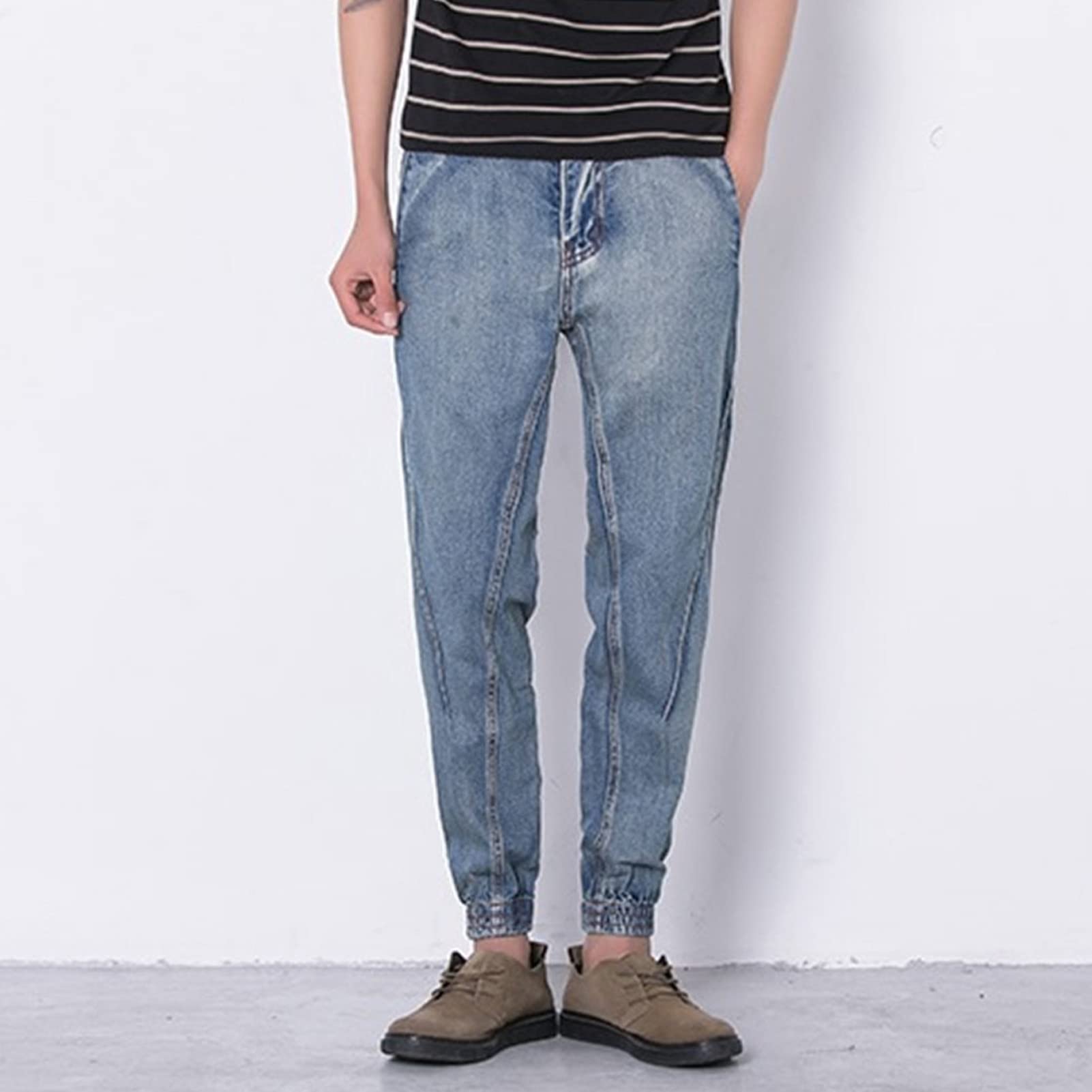 Maiyifu-GJ Men's Hip Hop Slim Fit Harem Jeans Baggy Tapered Leg Jeans Sweatpants Lightweight Jogging Denim Pencil Pants (Light Blue,4X-Large)