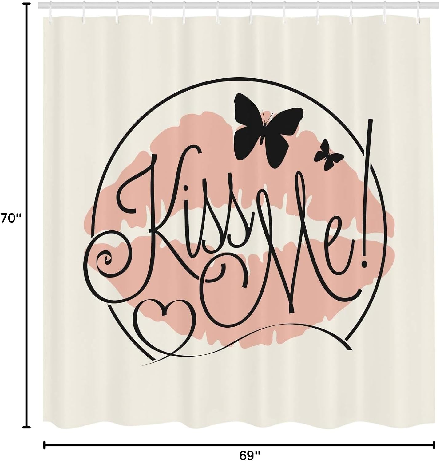 Ambesonne Kiss Me Shower Curtain, Hand Lettering Love Words with Butterflies and Lipstick Stain Motif, Cloth Fabric Bathroom Decor Set with Hooks, 69" W x 70" L, Pale Pink Ivory Black