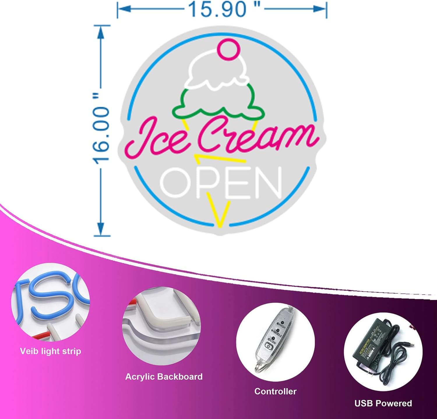 Ice Cream Open Neon Sign Ice Cream Store LED Logo Custom Neon Signs for Coffee Shop Restaurant Open Led Neon Light Gelato Open.Size:16inch - Image 5