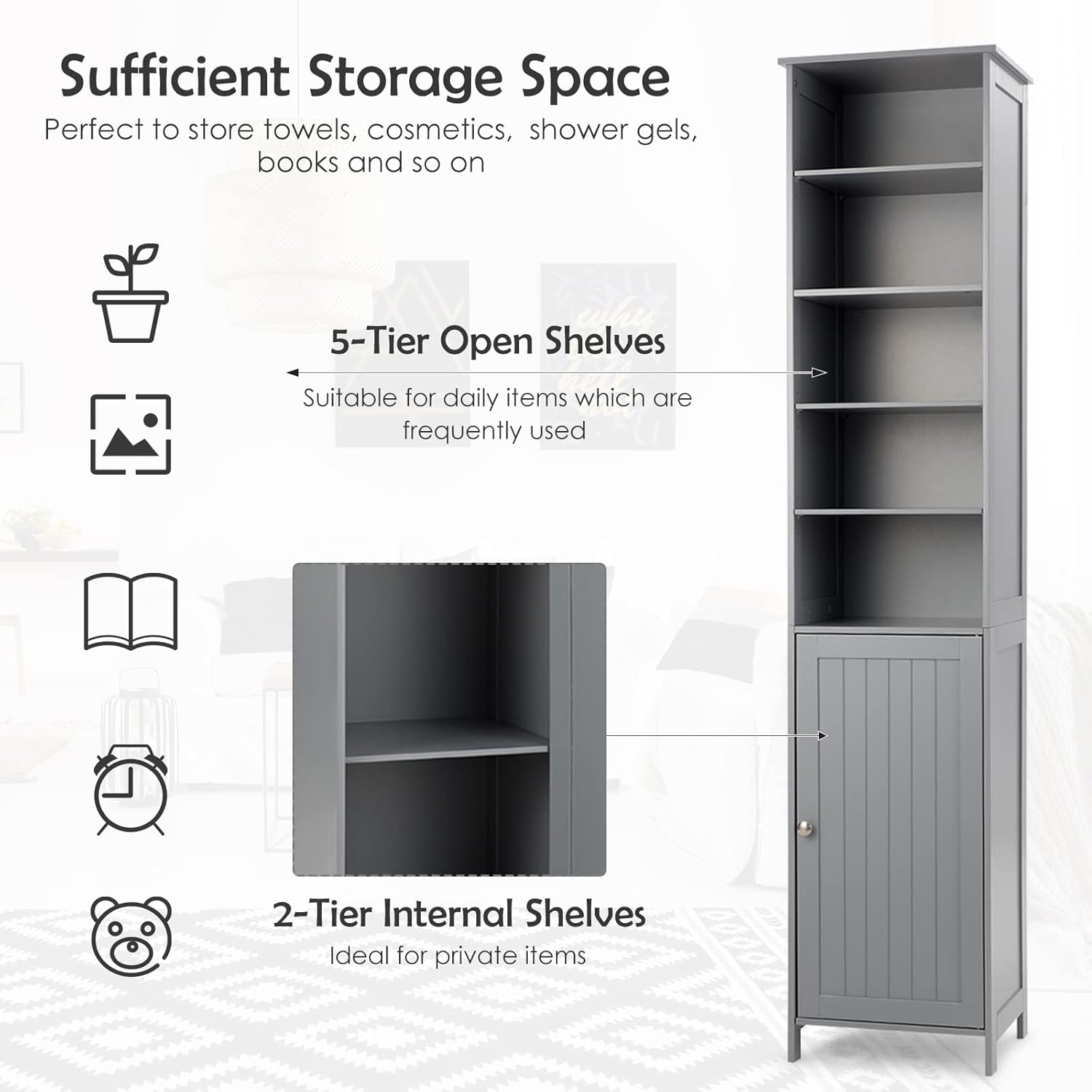 HAPPYGRILL Tall Bathroom Storage Cabinet, 72” Slim Bathroom Cabinet Organizer with 5 Open & 2 Adjustable Shelves, Anti-Tilt Design, Freestanding Storage Cabinet for Bathroom Living Room (Grey)
