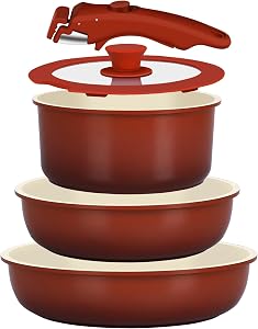 GiPP 5PCS Pots and Pans Set Non Stick, Nonstick Cookware Set Detachable Handle,Ceramic Pots for Cooking Non Stick with Removable Handle, RV Cookware Set, Red Black Gradien