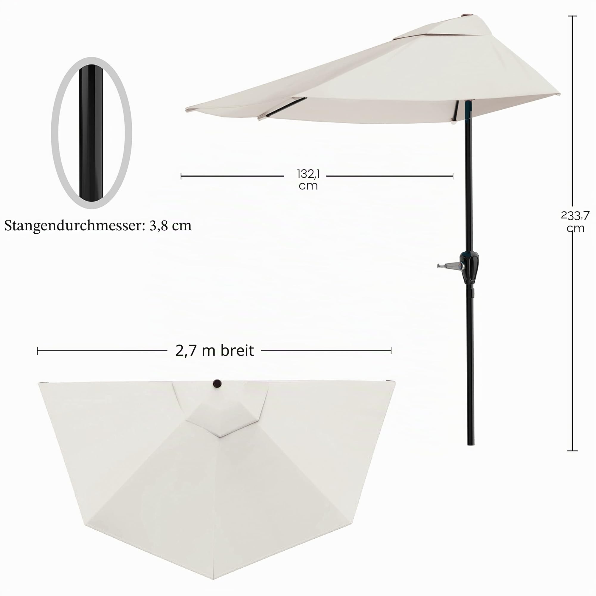 Pure Garden 9 Fuß halber Terrassenschirm - Easy Crank Halbkreis Öffnung Schattenüberdachung - Für Wand, Veranda oder Balkon Möbel (hellbraun)