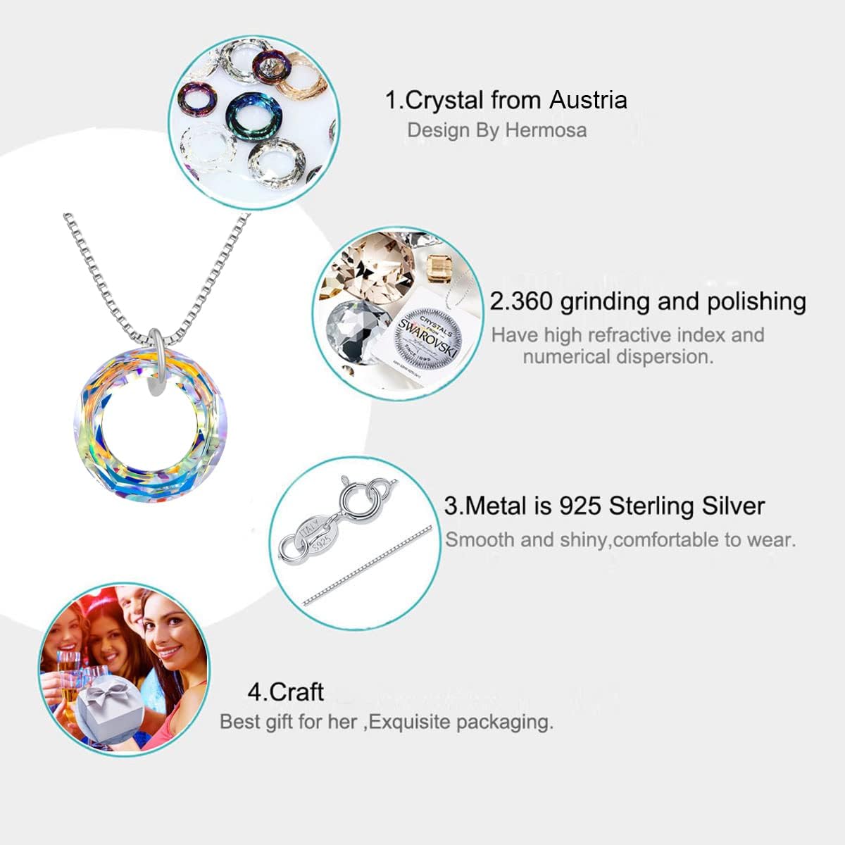 Hermosa 925 Sterling Silver Necklace for Women Circle Crystal Pendant Necklace with Austria Crystal Jewelry Gift for Mom Gifts - Image 2