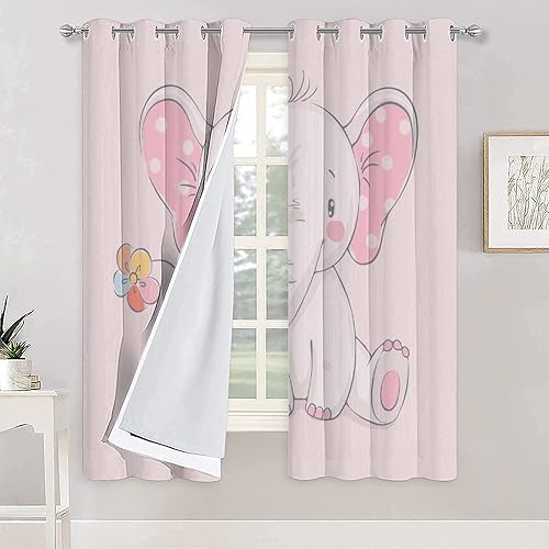 Miniatura 6 de Zmcongz Paneles opacos de elefante de dibujos animados para guardería, decoración del hogar, elefante rosa y flores, aislamiento térmico, ojales