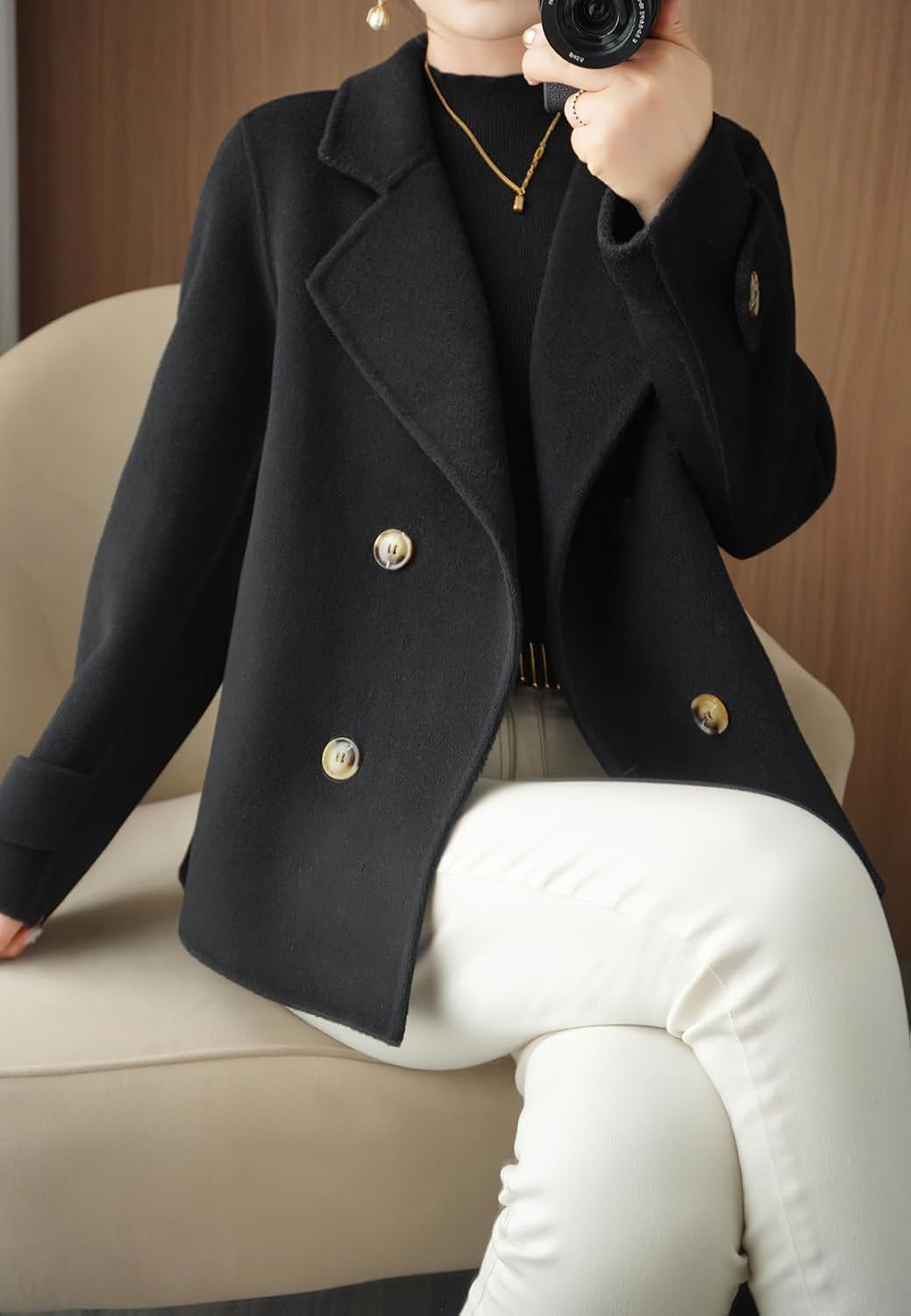 Cappotto Corto Da Donna in Misto Lana Casual Elegante Da Lavoro Con Risvolto Autunno E Inverno Giacca Spessa Doppiopetto Alla Moda