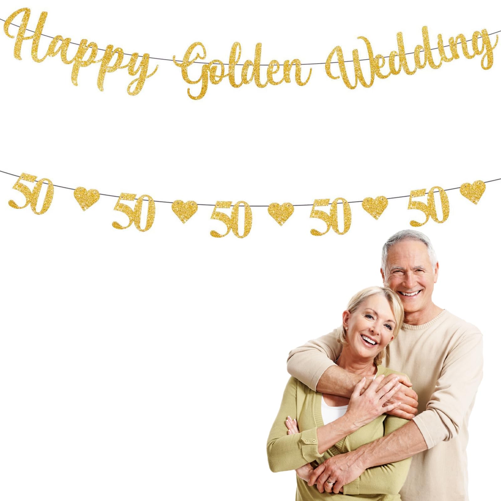Set De 2 Banderolas De Bodas De Oro, Banderolas De 50 Aniversario De Boda,Decoraciones De Corazón De Oro Con Purpurina"Happy Golden Wedding"Para Fiesta
