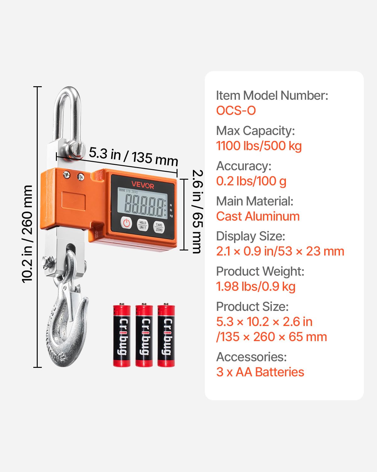 VEVOR Báscula Colgante Digital Carga Máxima 500 kg Resolución 100 g con Tara, Pantalla LCD, Aluminio Fundido, Retención de Pico Datos, Escala Digital de Grúa Portátil para Taller Pesca Almacén Granja