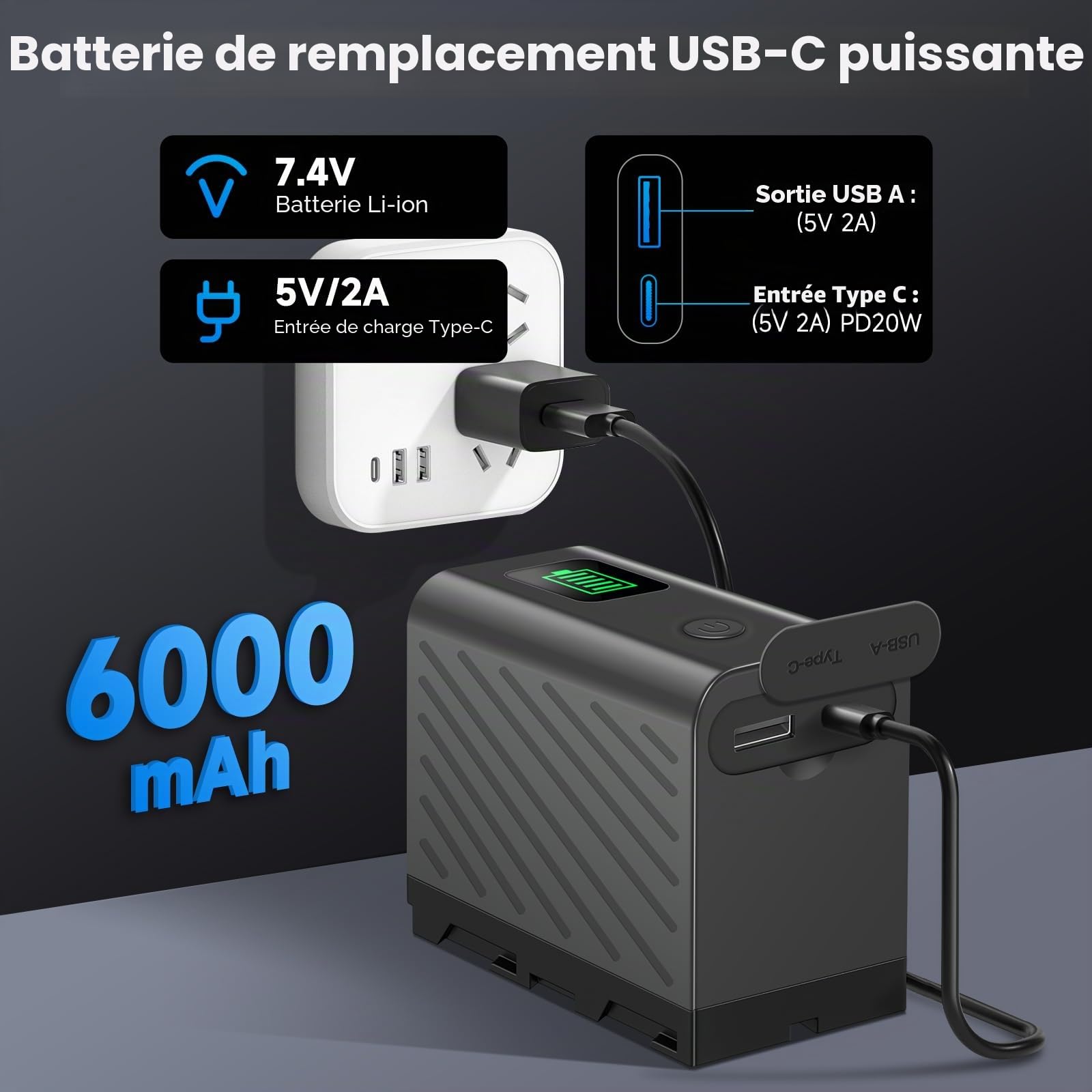 NP-F750 6000mAh USB-C Batterie à Chargement Direct pour Sony NPF F980 F970 F960 F930 F770 F750 F550, CCD-TRV815,DCR-TRV9,CCD-TR3,CCD-TRV82,DCR-TRV900,CCD-TR3000,CCD-TRV85,DCR-VX200,CCD-TR3300 (2Pcs)