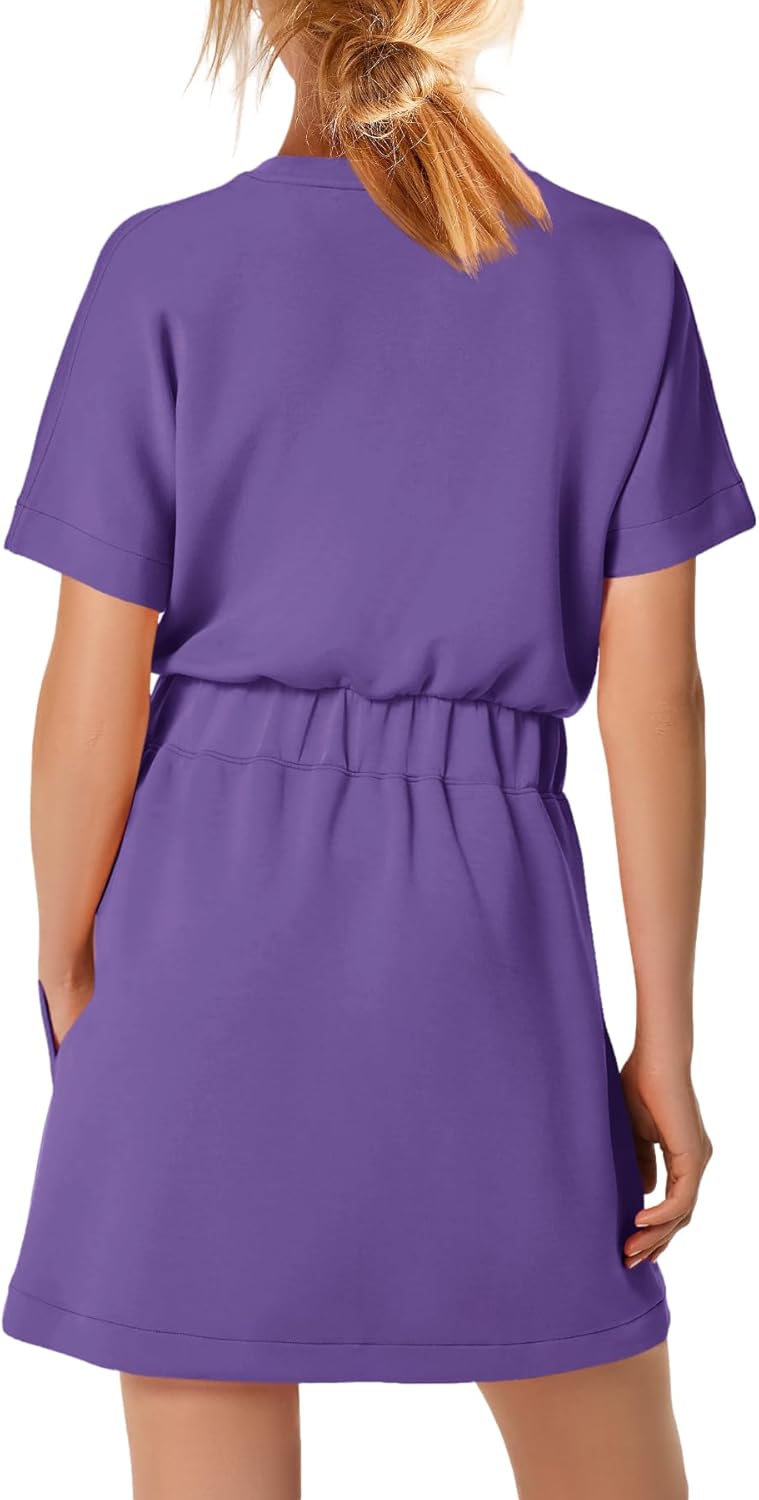 SENSERISE Womens Short Sleeve T Shirt Dresses Crew Neck Solid Color Basic Smocked Waist Dress with Pockets - Image 2
