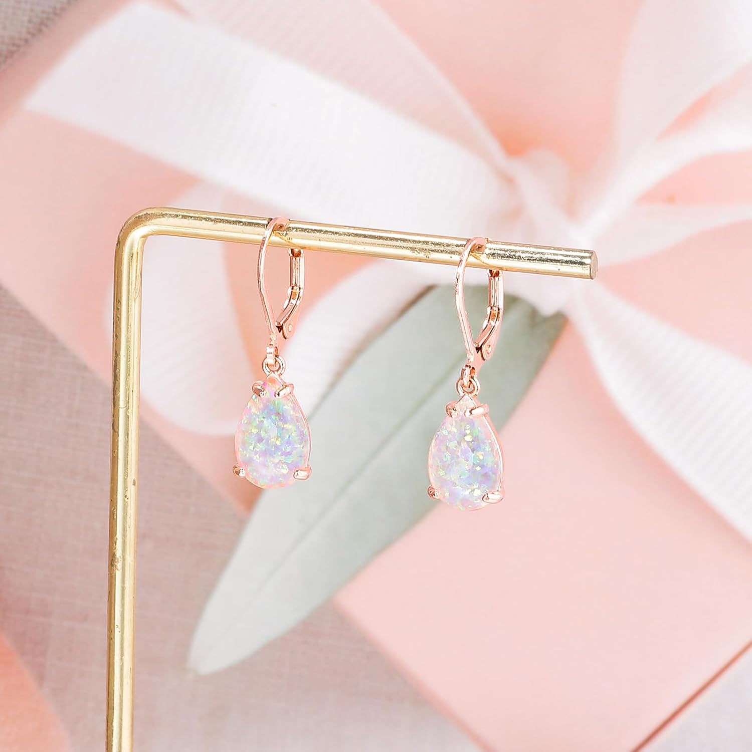 CiNily Teardrop Leverback Dangle Earrings for Women Hypoallergenic Created Fire Opal Pendant Drop Earrings 14K White/Rose/Gold Hanging Lever Earrings Fashion Graduation Party Jewelry Gifts - Image 4