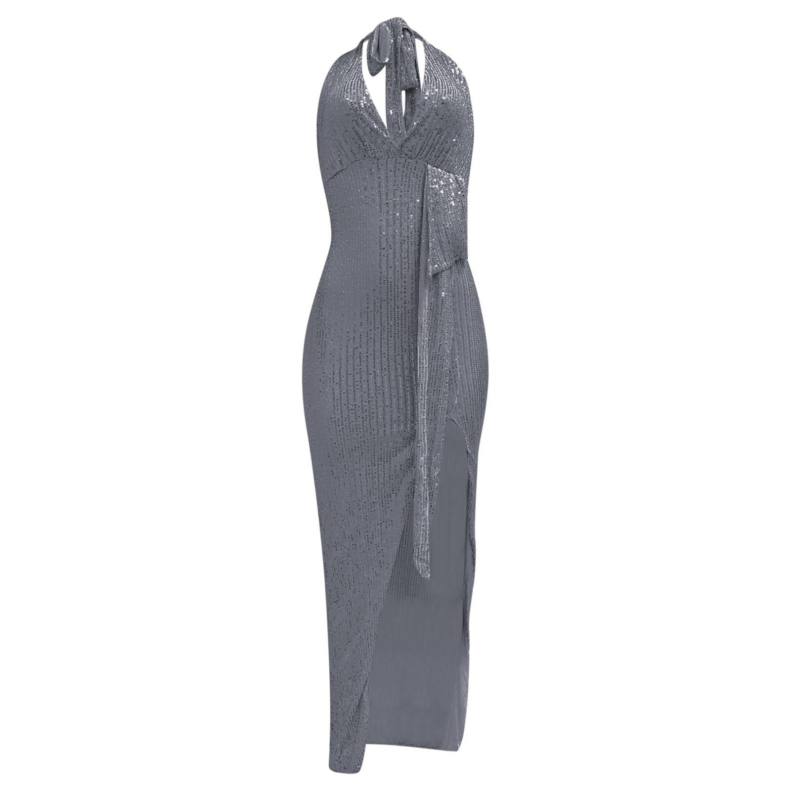 Elegancka sukienka imprezowa z odkrytymi ramionami i głębokimi plecami z brokatowymi cekinami i płynną szarfą na wieczór i specjalne okazje