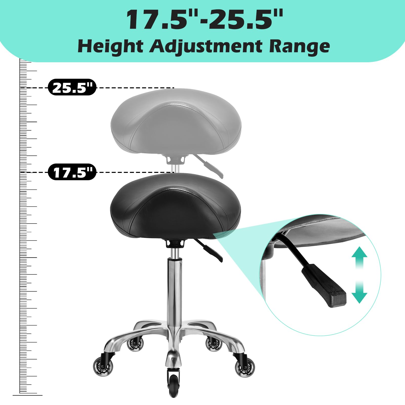 Taburete ergonómico con ruedas – Cojín de asiento de cuero más grueso mejorado, corrección de postura saludable, deslizamiento suave y sedoso, taburete ajustable con ruedas para masaje médico de salón 8