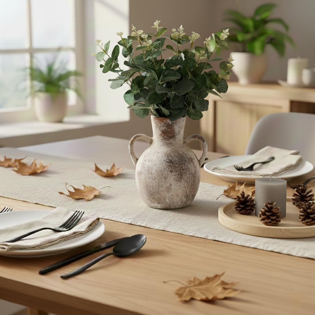 SIDUCAL Rustic Ceramic Farmhouse Flower Vase with 2 Handles, Whitewashed Terra Cotta Vase, Decorative Pottery Flower for Home Decor, Table, Living Room, Shelf Decor, 7.3 Inch, Terra - Image 7