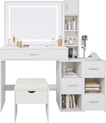 Miniatura 9 de Escritorio de tocador con espejo iluminado LED, mesa de maquillaje grande con taburete y mesita de noche móvil, 6 compartimentos abiertos, tocador