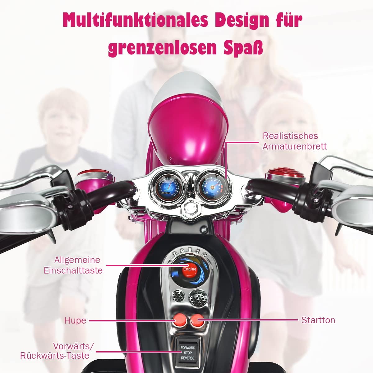 FANTASK Kinder Elektromotorrad mit verstellbarem Scheinwerfer, Dreirad Elektromotorrad mit Sound, Horn, Rückspiegel, Pedalen, Geschwindigkeit 2,5-3 km/h, Rot