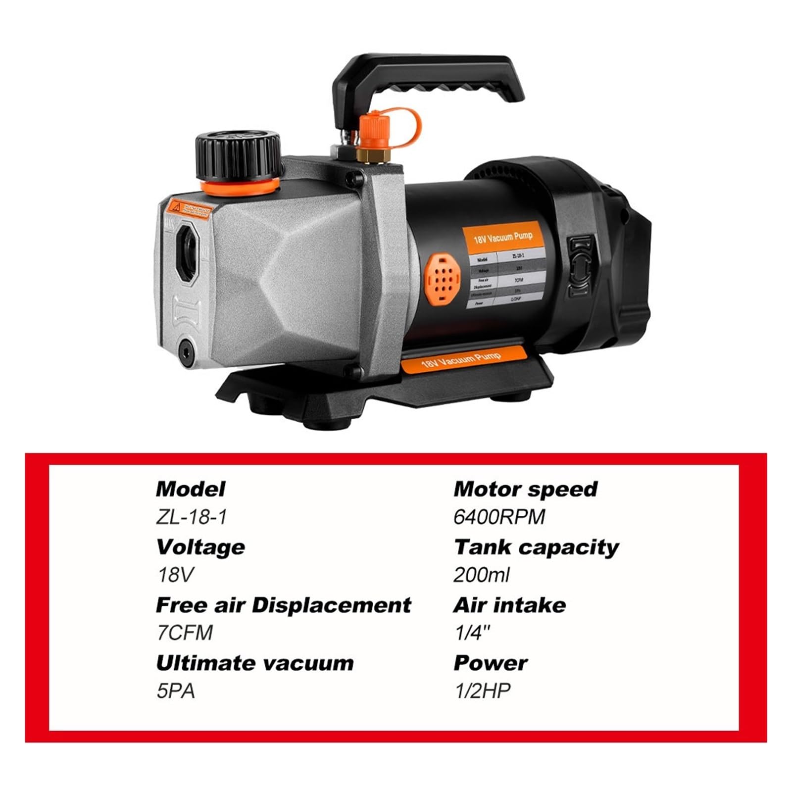 Schnurlose Kältemittel-Vakuumpumpe 7CFM 5PA 1/2HP 1/4 Lufteinlass for Haushaltsklimaanlage for 18V-Batterie