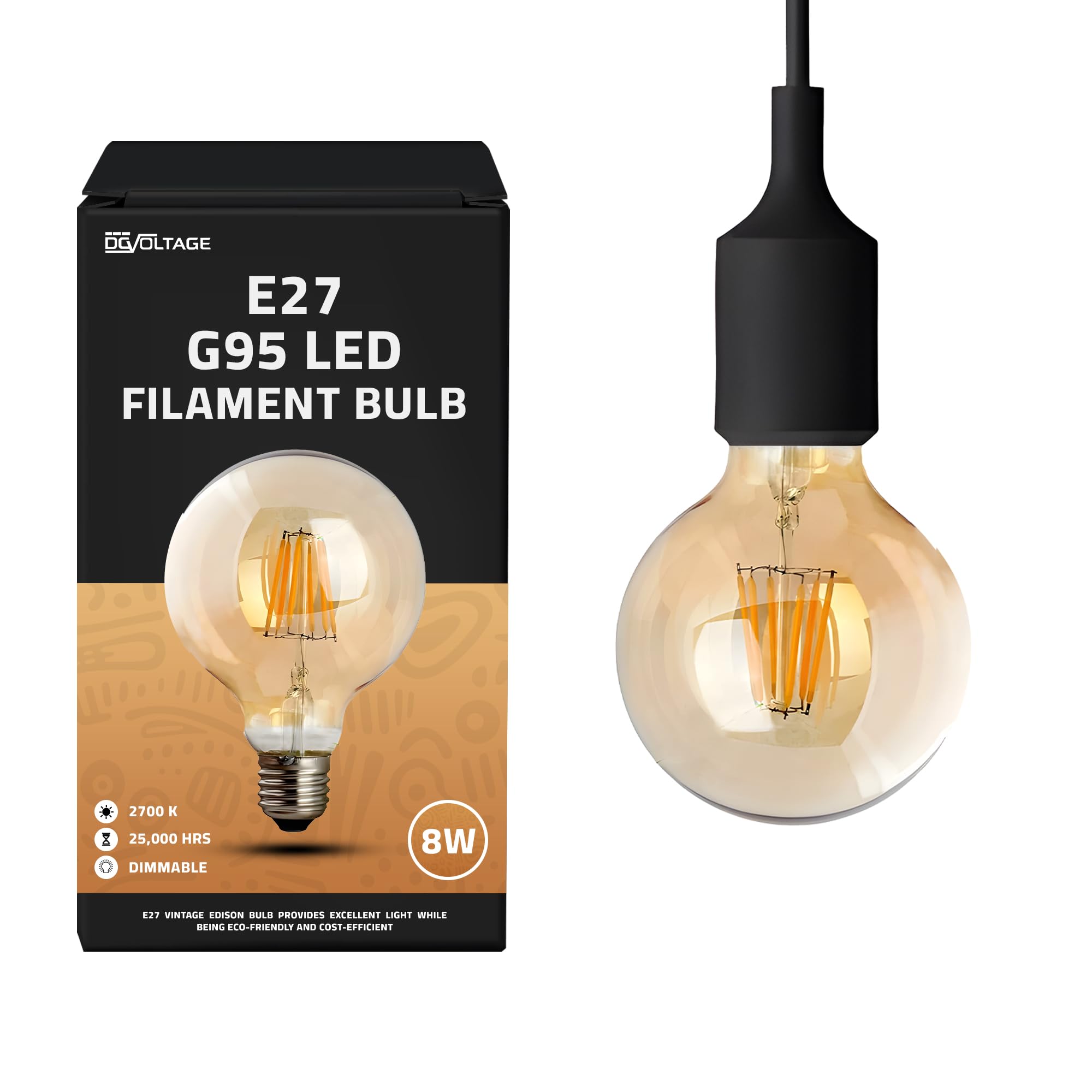 DC VOLTAGE LED E27 Vintage Light Bulbs,G95 Edison Screw Bulb 8W Filament Dimmable Globe 800lm 2700K Warm White Amber Glass, Old Fashioned Lighting Decorative Bulb,Energy Class A+,Pack of 1
