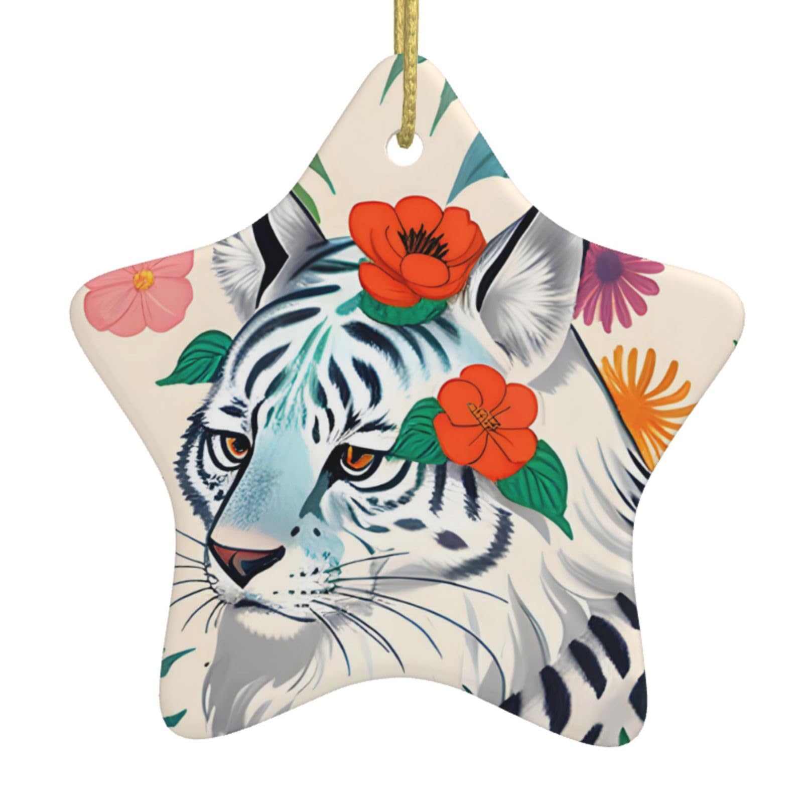 Cute White Tiger Christmas Ceramic Star Pendant with Punched Holes and Gold Wire Rope, Christmas Tree Home Decoration