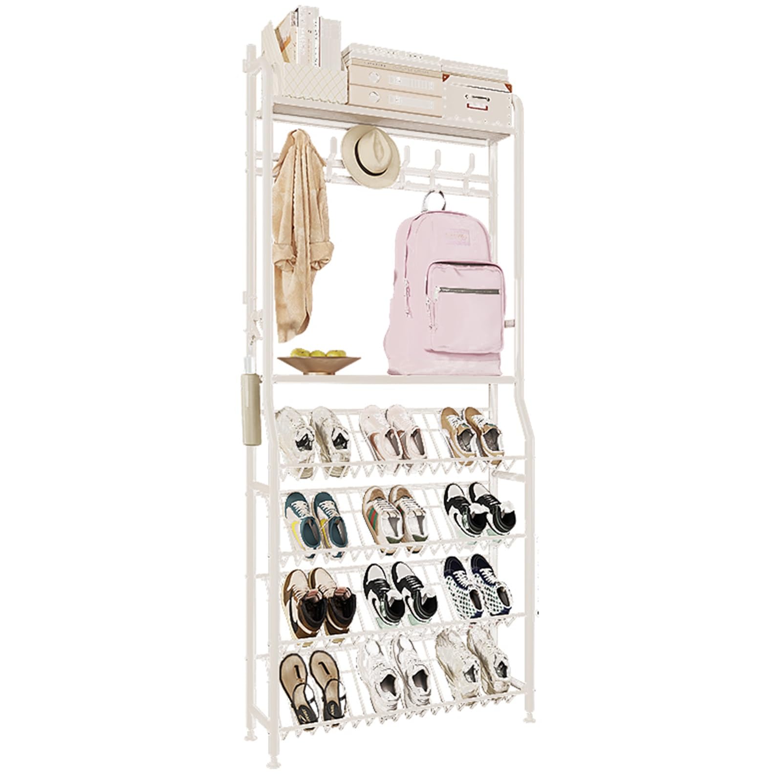 FGXHHS Tall Narrow Shoe Rack with Coat for Entryway - Slim Metal Storage 4 Slanted Shelves & Top Shelf, Space-Saving Design, Anti-Tip Feature Front Door
