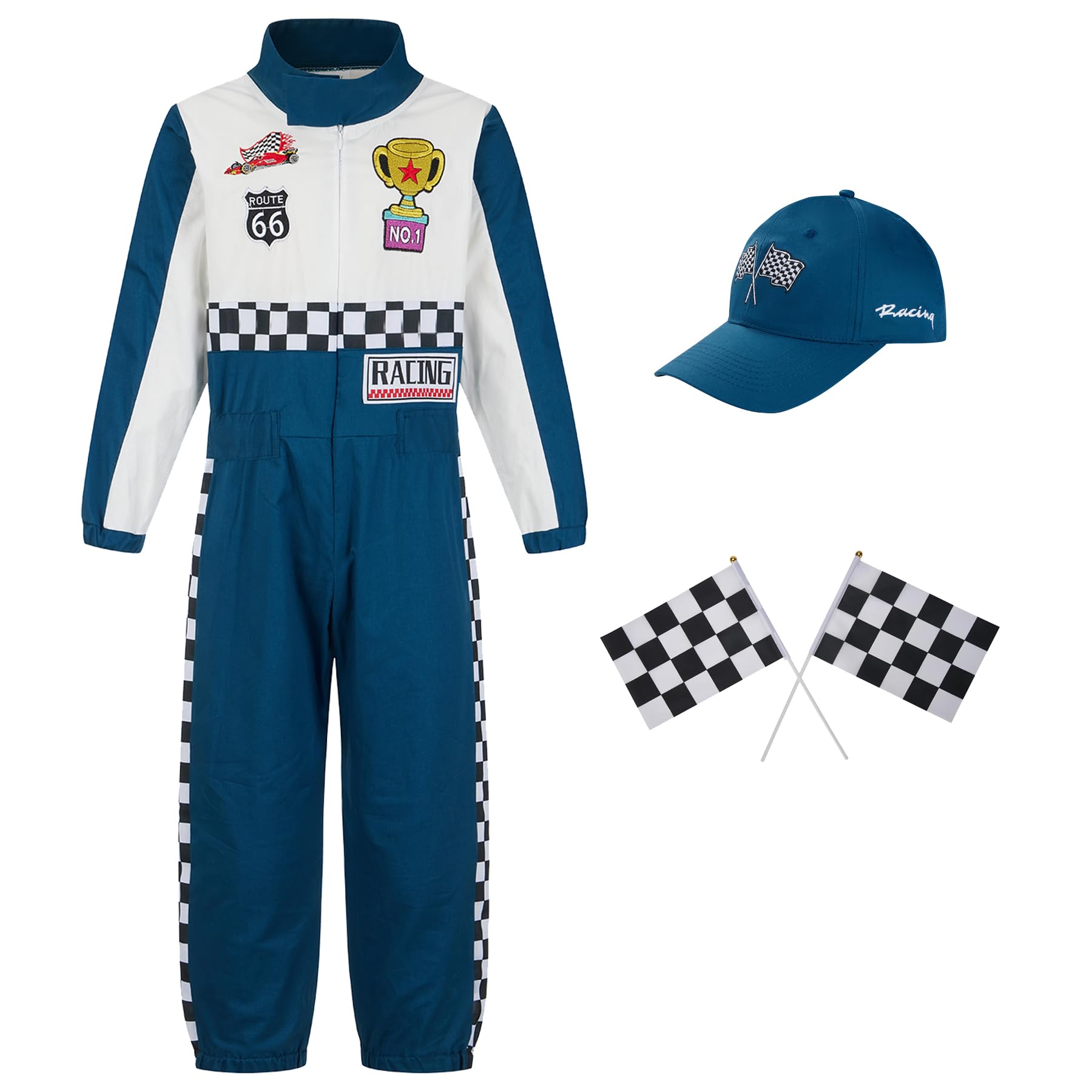 Kosgraiy Race Car Driver Costume Boy Girl,Kid Racer Jumpsuit with Car Cap,Toddler Racing Costume Halloween with Accessories
