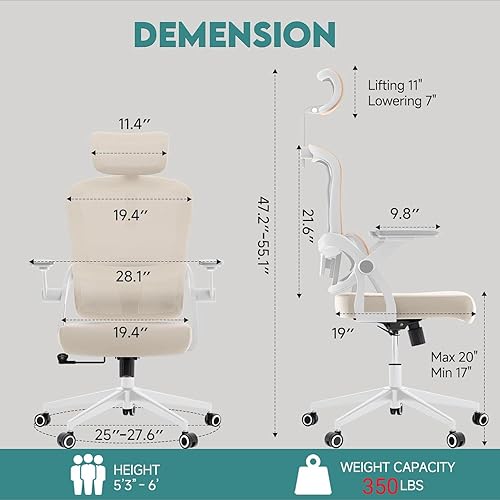 Miniatura 26 de Silla de oficina ergonómica, silla de escritorio ajustable de malla resistente con ruedas, reposabrazos y soporte lumbar, cómoda silla para oficina
