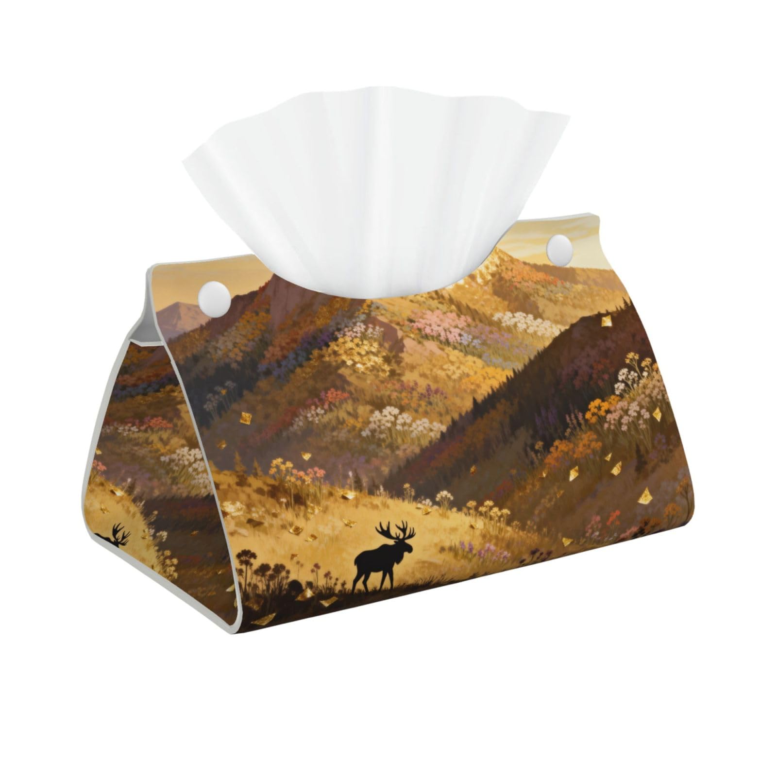 Moose and Wildflowers Long Leather Tissue Box Cover-Waterproof PU Leather Tissue Holder for Bathroom, Decorative Rectangular Tissue Case