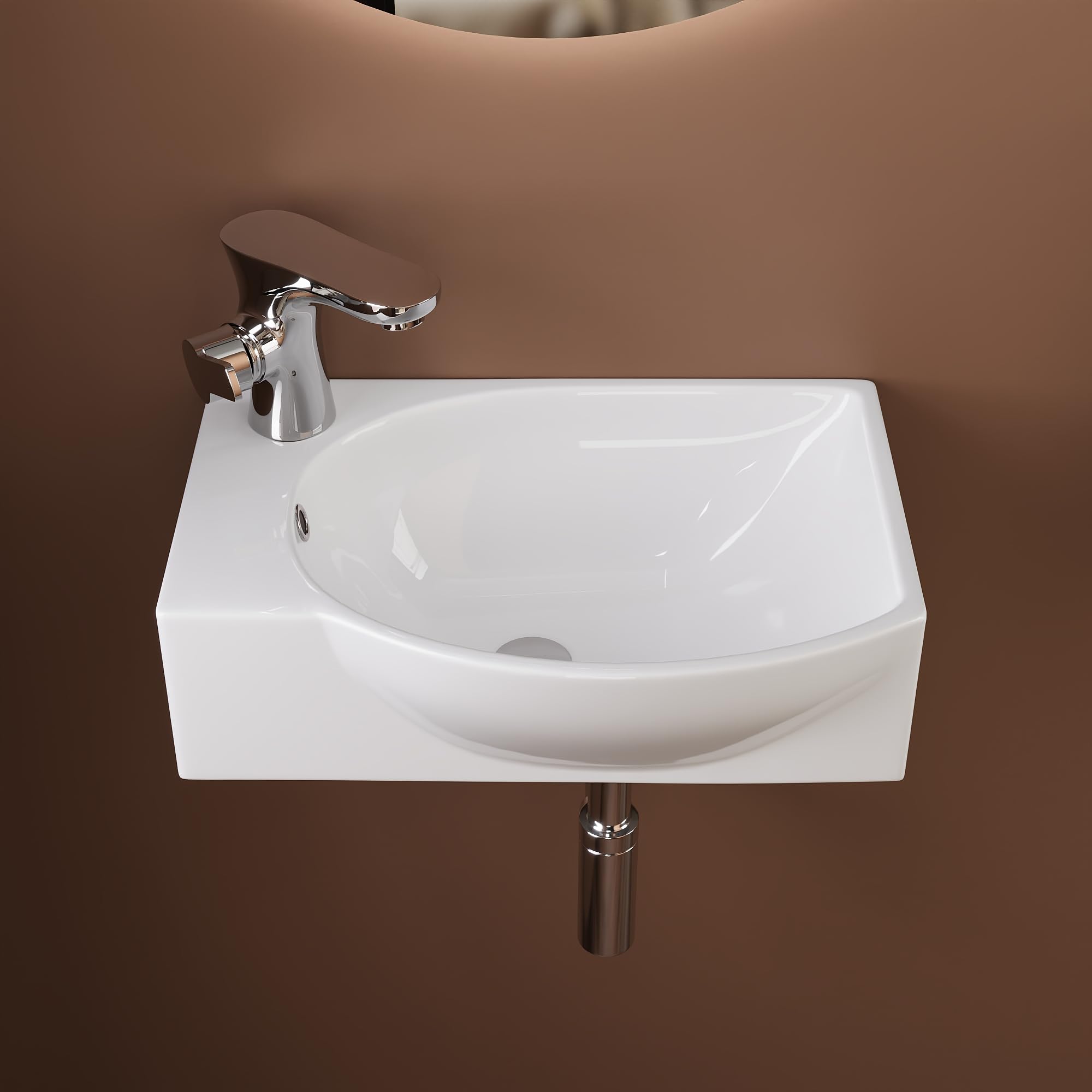 Deervalley White-R Wall Mounted Cloakroom Basin, Ceramic Bathroom Wash Basin With Overflow And Tap Hole - 40 X 28 X 14.5Cm