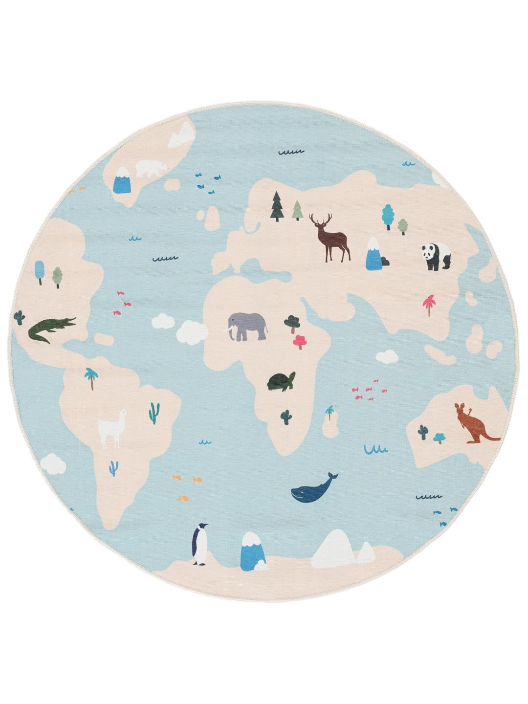 RugVista World Map Tapis pour Enfants, Ø 150 cm, Clair Bleu/Beige