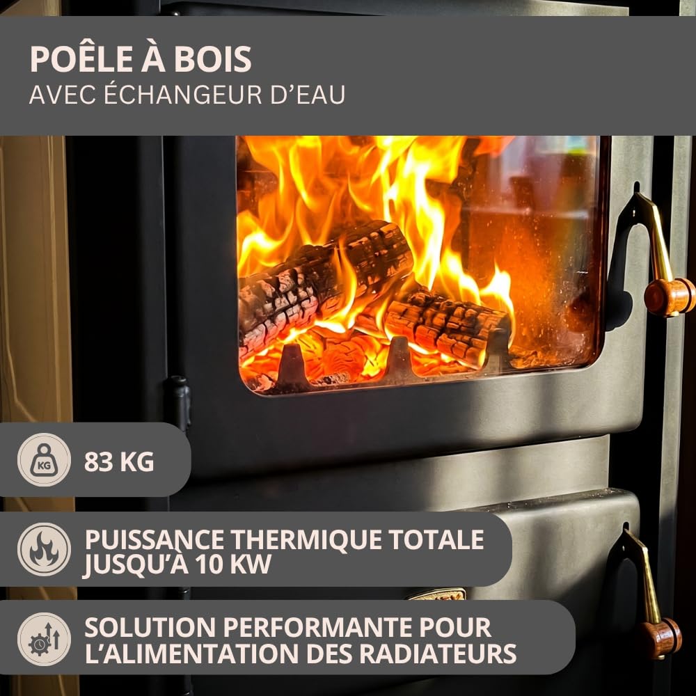 Prity S2 W10 Poêle à bois avec revêtement d'eau 10 kW Chauffage central certifié CE Brûleur à bois amélioré Conforme EN