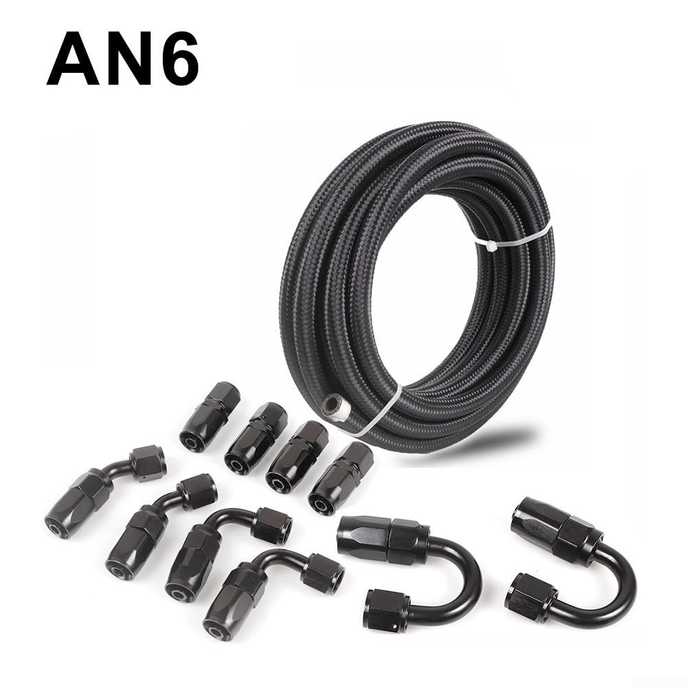 Kit de manguera de enfriador de aceite An6 de 6 metros de nailon negro para acero inoxidable trenzado con 10 accesorios para refrigerante de motor, diésel, líneas hidráulicas, líneas hidráulicas