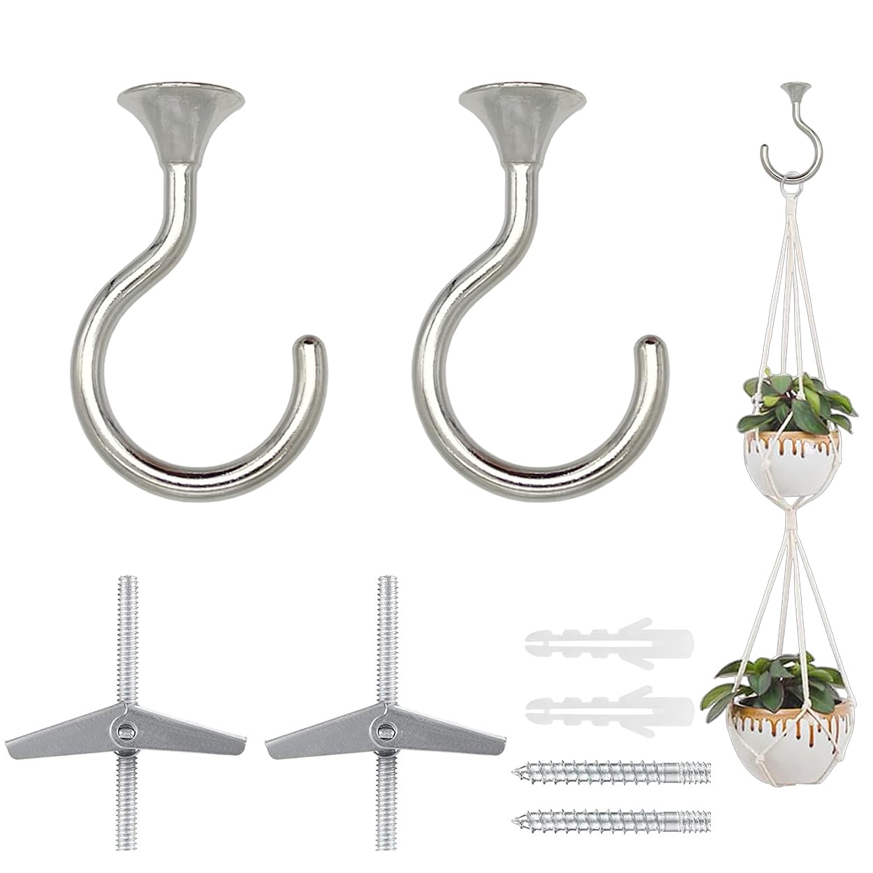 Heavy Duty Swag Ceiling Hooks with Hardware for Hanging Plants, Cavity Wall Fixing, Easy Installation, Holds Up to 30lbs, Ideal for Home & Garden (2 Sets Silver)