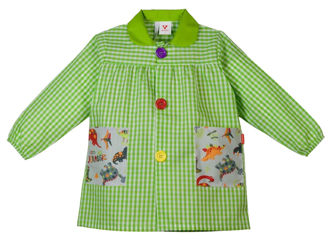 KLOTTZ-Dinos-Bata Colegio Dinosaurios Babi guardería y Colegio a Cuadros con Botones Payaso. Asa para Perchero y Bolsillos. Fabricado en España.