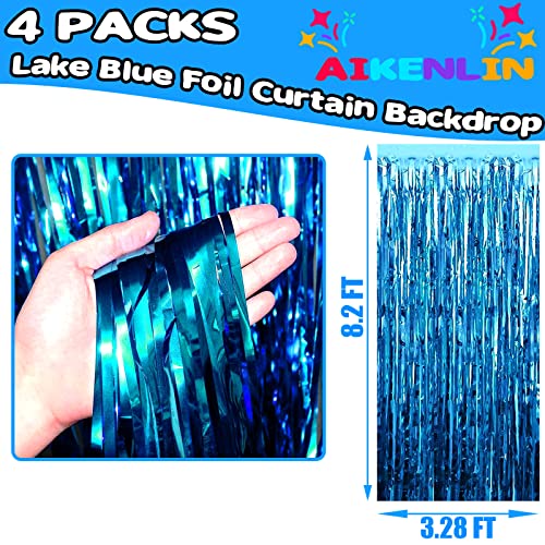 Image of 4 Pack 3.2Ft x 8.2Ft Lake Blue Foil Fringe Curtain Backdrop, Metallic Tinsel Foil Fringe Streamers Curtains Background for Photo Booth, Birthday, Wedding, Halloween, Christmas Party Decoration