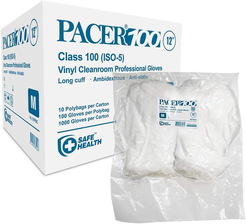 Safe Health Pacer100 Cleanroom Vinyl Disposable Gloves, Class 100, ISO 5, Free of Latex & Powder, 12 Inches, Case of 1000