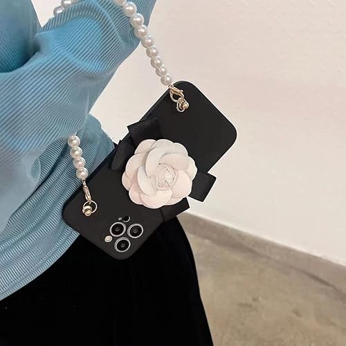 Miniatura 4 de Funda de piel sintética blanca de lujo con lazo de flores de camelia, TPU negro con pulsera y cadena de perlas para iPhone 14 13 12 11 Pro Max (para