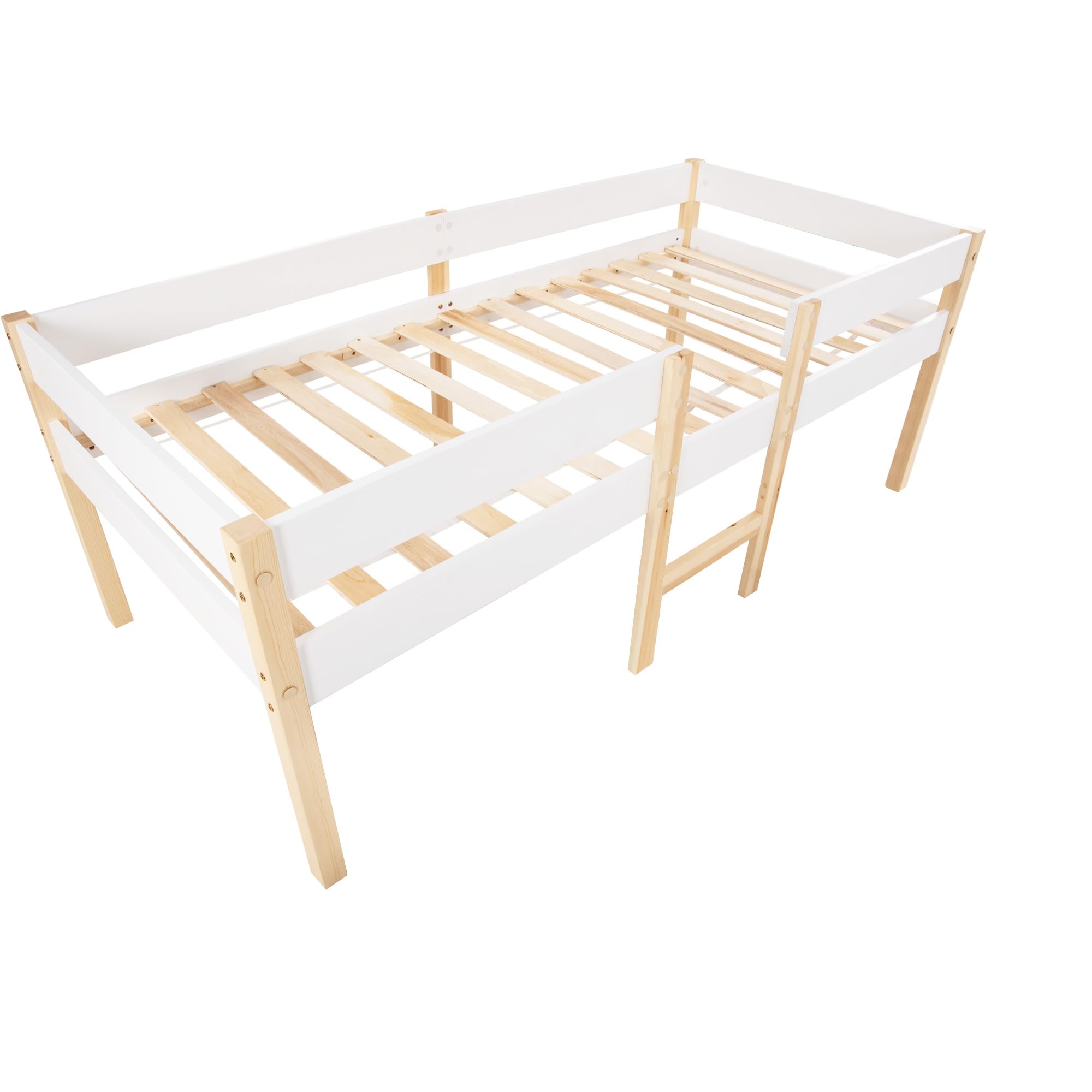 Bett Kinderbett mit Rausfallschutz, Kiefer-Vollholz-Weiß & Eiche (90 x 190 cm, Ohne Schublade)