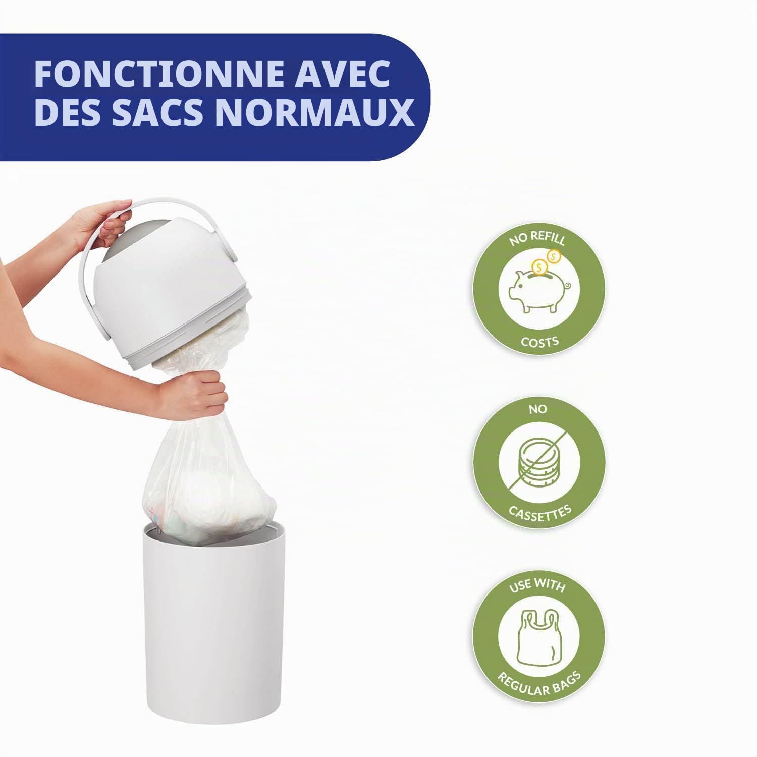 Chicco Poubelle à Couches Compacte, Contrôle des Odeurs, Utilisation de Sacs Normaux, Blanc