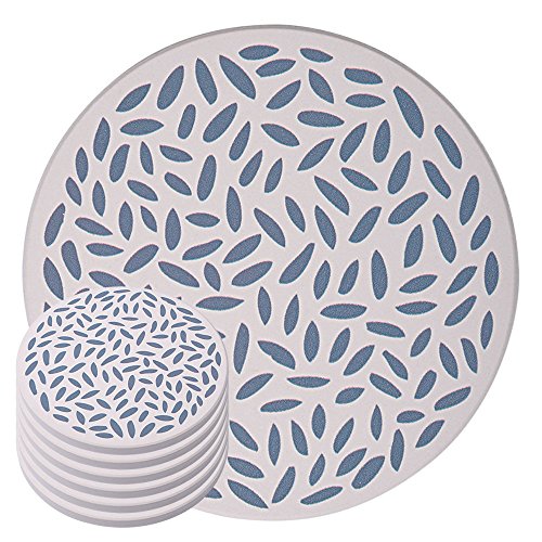 eZAKKA Coasters for Drinks, 6 Pieces Absorbent Ceramic Stone Coaster Set with Cork Base for Wooden Table, Great Home and Dining Room Decor, Housewarming Gift, Blue Leaves