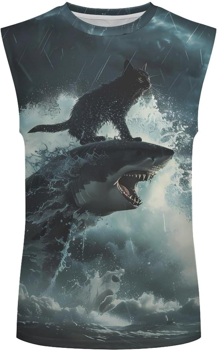 Cat Surfing on Shark Men Summer Sleeveless Crew Neck Top 5XL