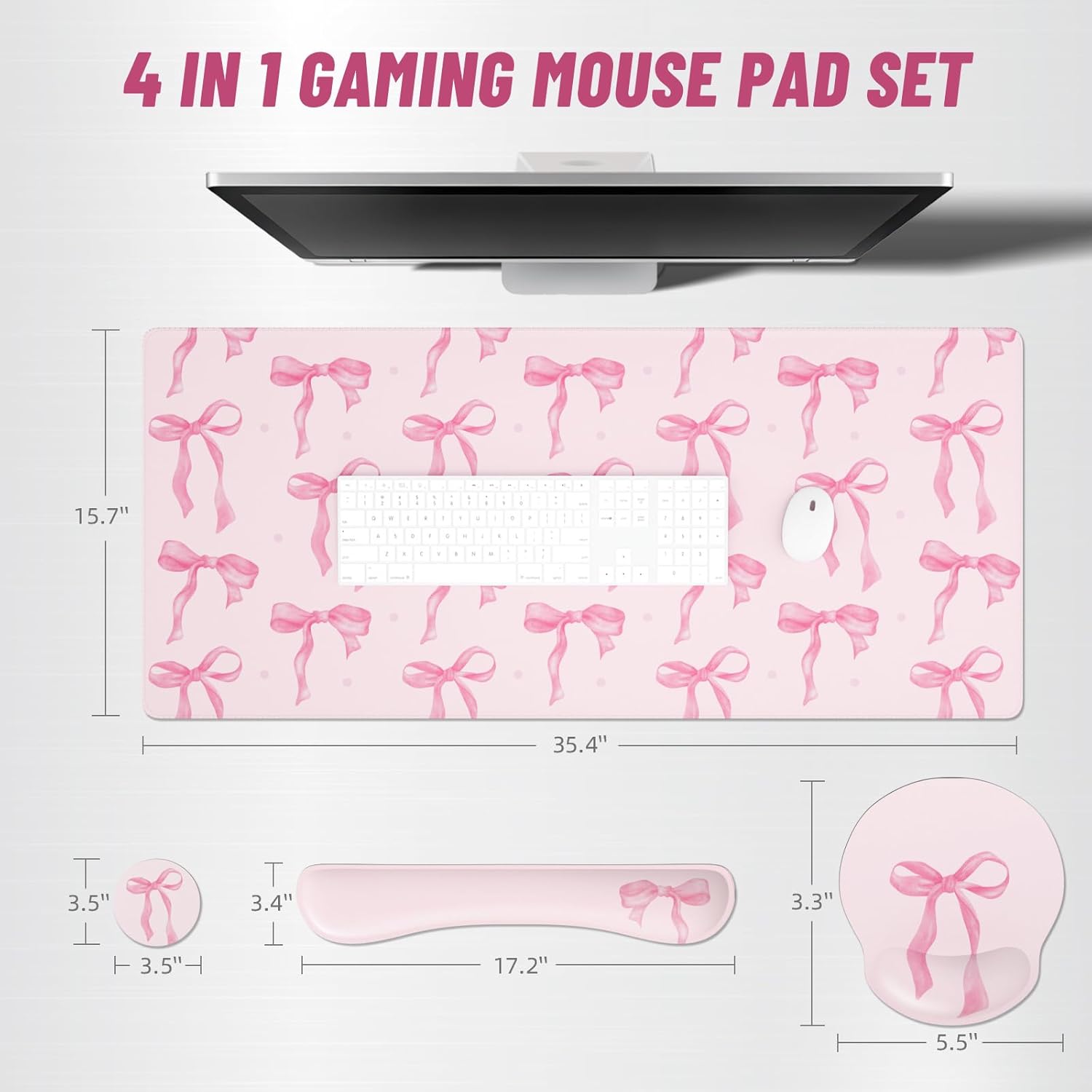 Ovenbird Mouse Pad Set 4-in-1 | Large Gaming Mousepad, Keyboard Wrist Rest, Mouse Wrist Support, Coaster | Ergonomic Office Desk Mat Accessories for Women Men | 4PCS, 35.4 x 15.7in, Pink Bow