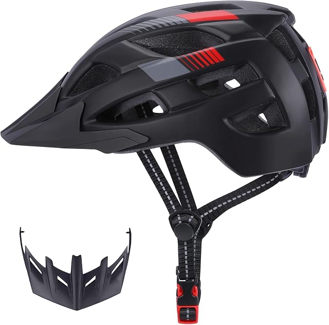 GIEMIT Adult Bike Helmet Cycling Helmet Ultralight MTB Bike Helmet with Rechargeable Rear Light & Detachable Sun Visor, Mountain Road Bicycle Helmets Adjustable Cycling Helmets for Men and Women