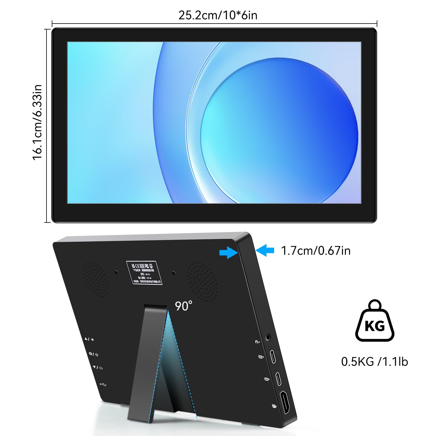 Showscren Small Touchscreen Monitor 10.1inch,1366x768P Touch Screen 60hz 400cd/m² 99% sRGB HDMI USB-C Travel Portable Monitor for Xbox PS4/5 Laptop Raspberry pi — view 7