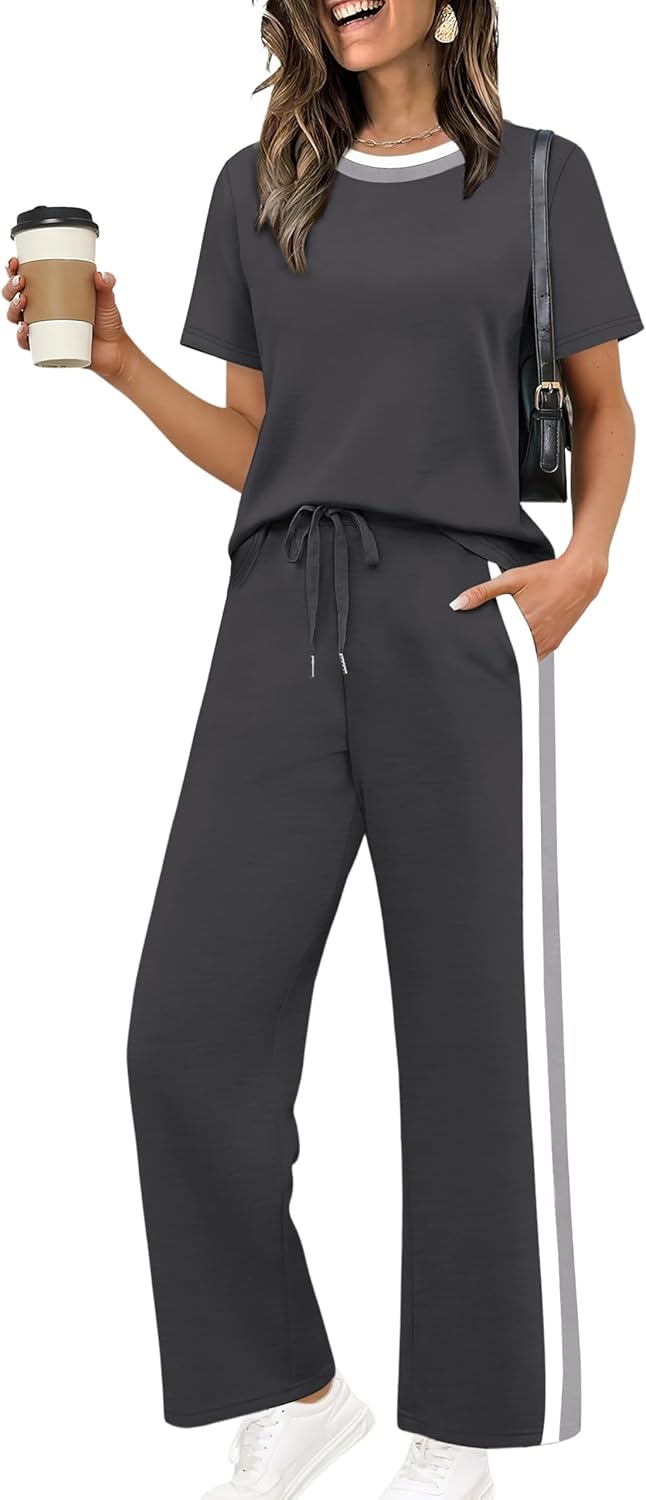 WIHOLL 2 Piece Lounge Sets for Women Matching Set Summer Outfits Short Sleeve Tops Wide Leg Pants with Pockets - Image 2