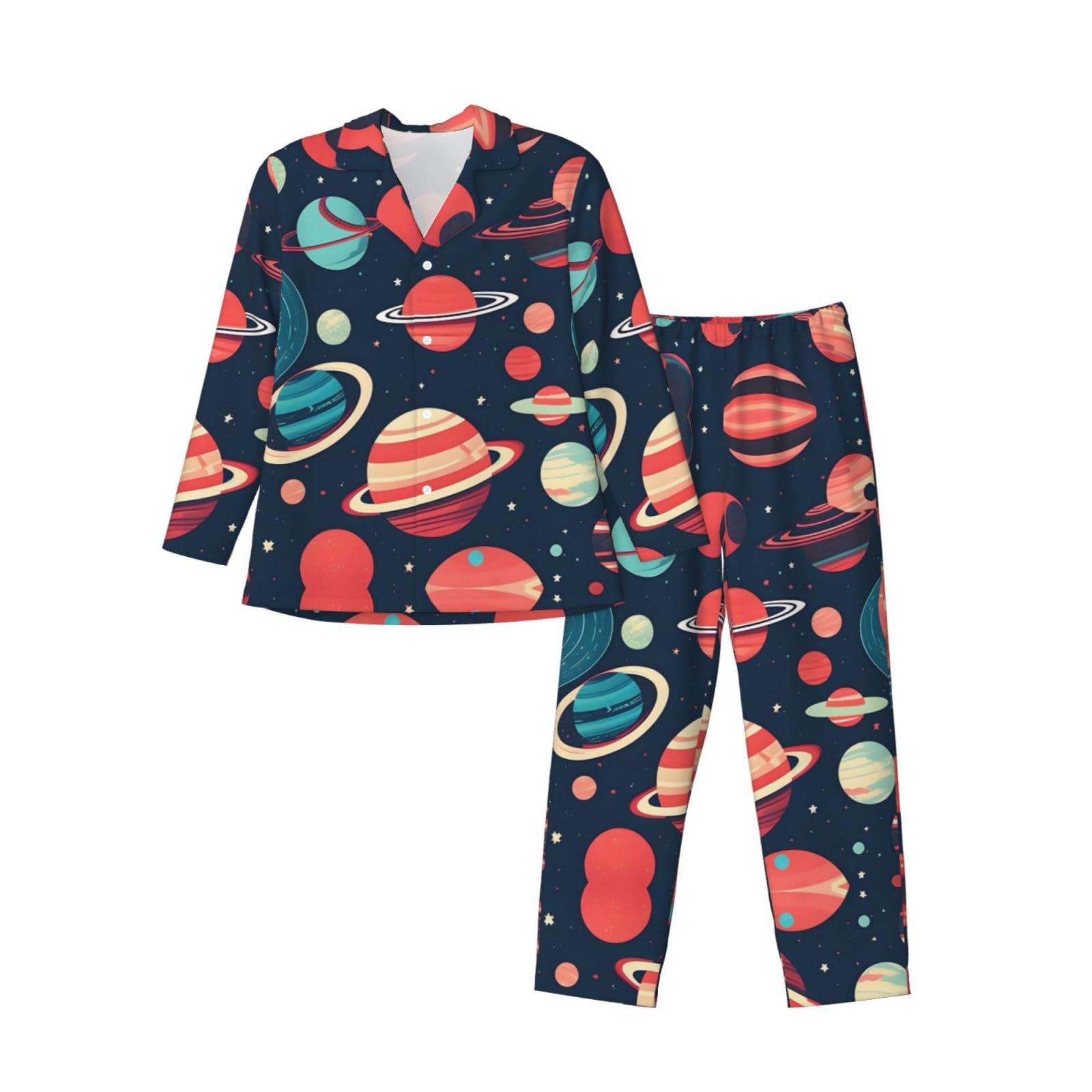 LLOTPQ XL Men's Long-Sleeved Pajama Set â€“ Soft Silky Outer Space Planets Print Sleepwear, Loose Home Clothes, Adjustable Elastic Black