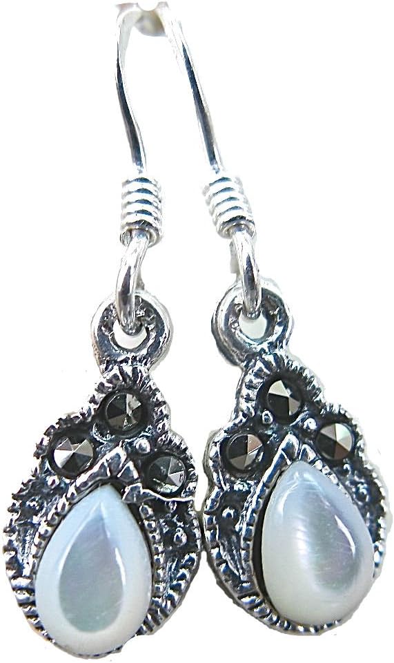 FaithOwl Marcasite Mother of Pearl Drop 925 Sterling Silver Earrings