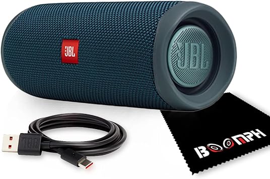 مكبر صوت لاسلكي محمول JBL Flip 5 يعمل بتقنية البلوتوث، مقاوم للماء IPX7 - أزرق - Boomphs حل شامل وعالي الأداء من القماش لصوتك أثناء التنقل