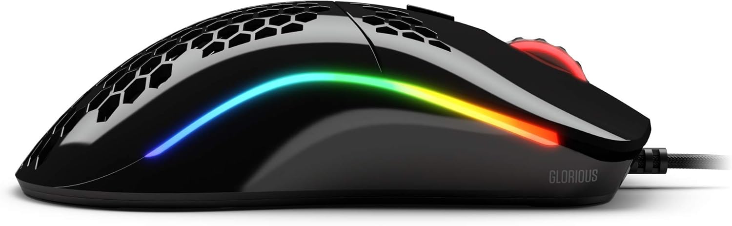 വശം view of Glorious Model O- (Minus) Gaming Mouse showing side buttons and RGB strip