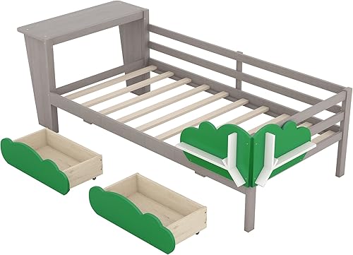 Miniatura 7 de Merax Sofá cama individual con escritorio, cajones y estantes en forma de hoja verde, marco de cama de madera gris para niños