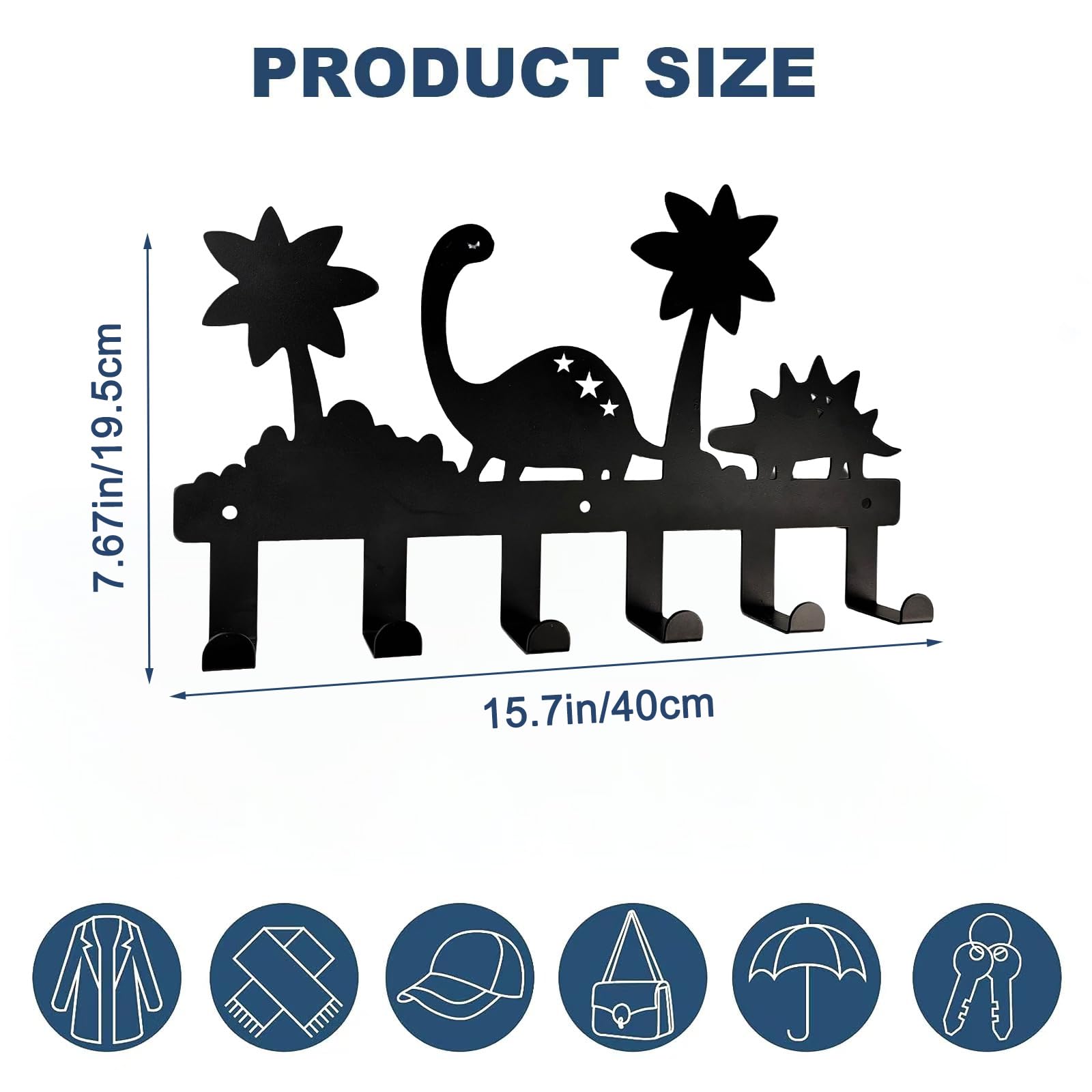 Dino-Kinder-Garderobenhaken | Porte-manteau mural pour enfants avec 6 crochets | Porte-vêtements et porte-clés universel pour chambre d'enfant | Acier inoxydable (40 cm, Noir) | Entrée & garde-robe