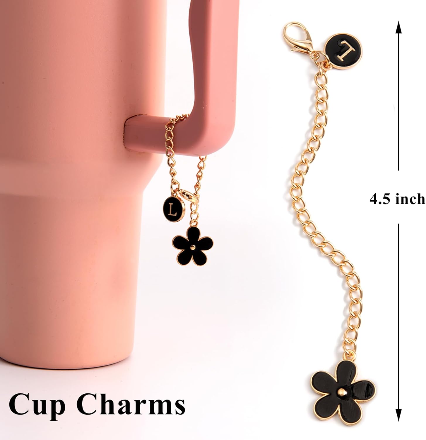 3PC Initial Letter Keychain Cute Black Flower Key Chain Purse Backpack Bag Car Stanley Charms, Bling Wristlet Keychains - Image 4